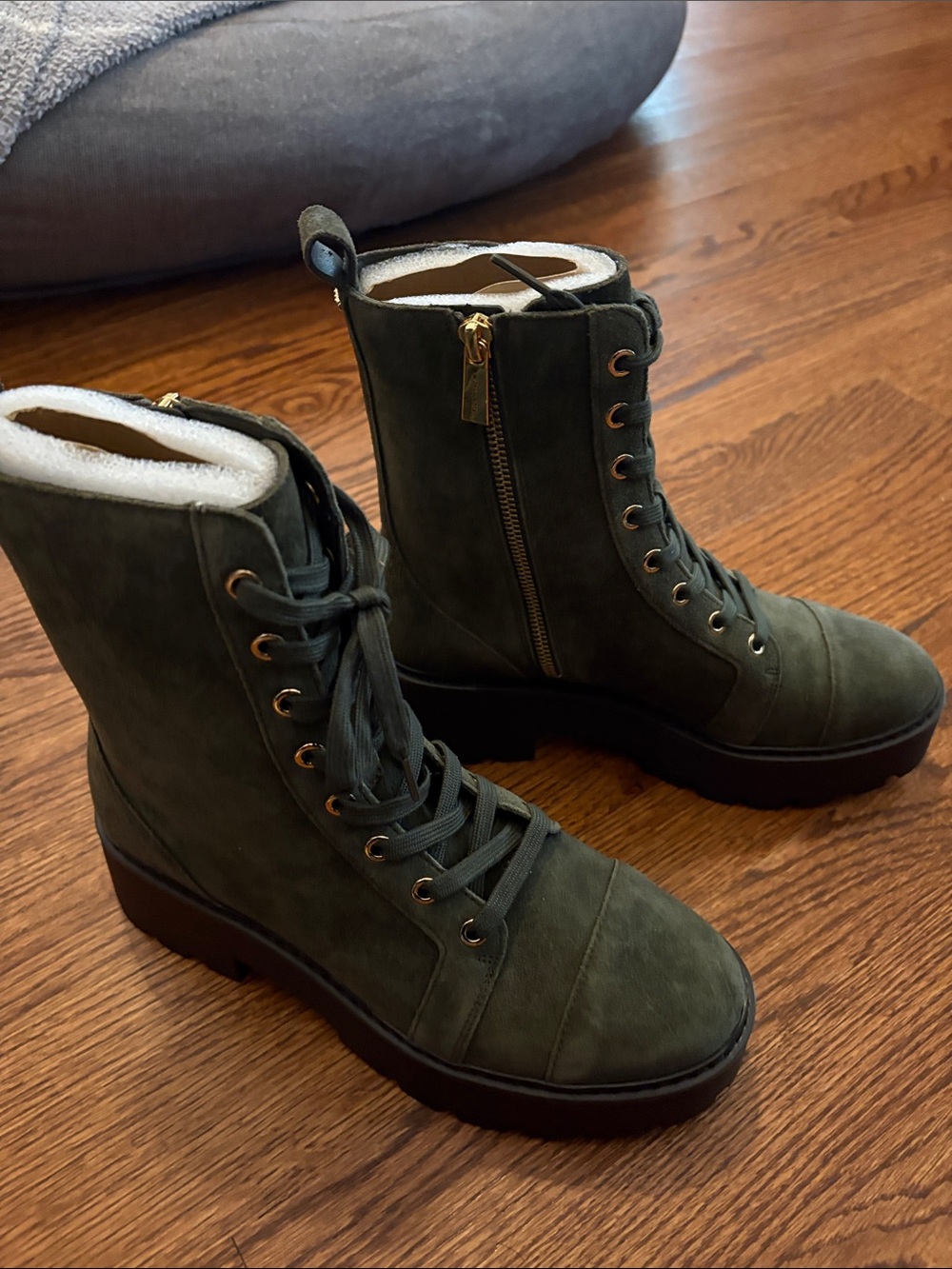 Michael Kors Dark Olive Lace-Up Combat Boots with Gold Zipper